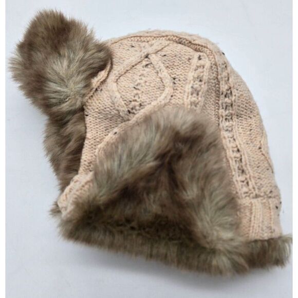 American Eagle Outfitters Beige Knit Trapper Hat With Faux Fur Trim & Pom Poms - Picture 1 of 8